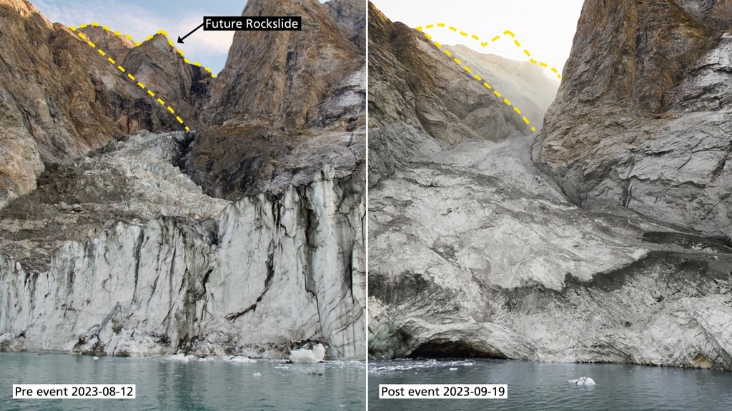 Vergleichsbilder des Fjords vor und nach dem Erdrutsch.