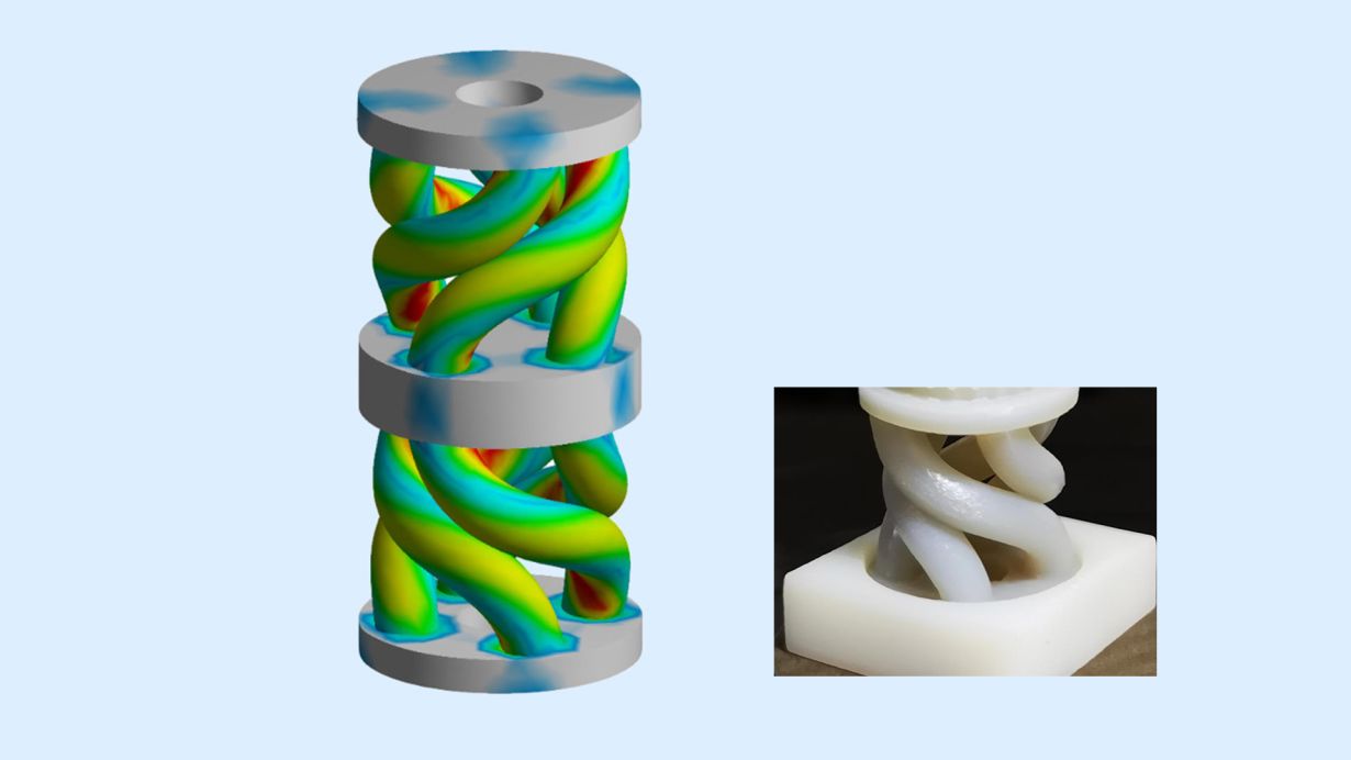 Das Modell zeigt die spiralförmige Verformung des Metamaterials. Dank dieses Mechanismus lässt sich eine große Menge Energie speichern, ohne dass es zu Brüchen kommt. 